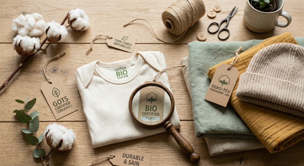 Mise en scène d'accessoires textiles durables et de vêtements en coton bio certifiés avec les labels GOTS et OEKO-TEX examinés sous une loupe.