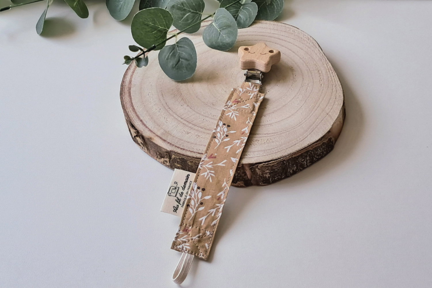 Attache-Tétine Bébé en Coton Bio et Bois Naturel "Herbacé"