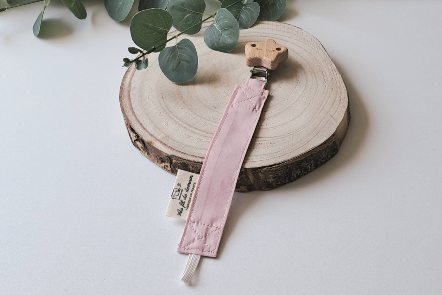 Attache-Tétine Bébé en Coton Bio et Bois Naturel "Rose poudré"