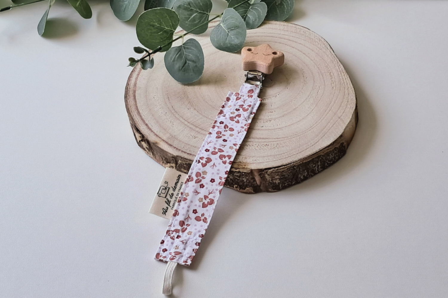Attache-Tétine Bébé en Coton Bio et Bois Naturel "Fleuri"