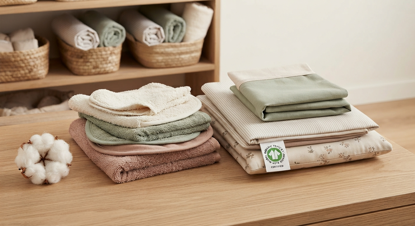 Piles de tissus et d'accessoires en coton bio certifié GOTS à côté d'une fleur de coton sur une table en bois.