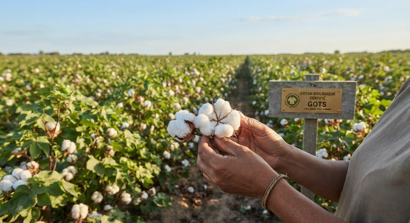 Gros plan de mains tenant du coton bio dans un vaste champ cultivé, à côté d'un panneau en bois portant l'inscription 'COTON BIOLOGIQUE CERTIFIÉ GOTS'.